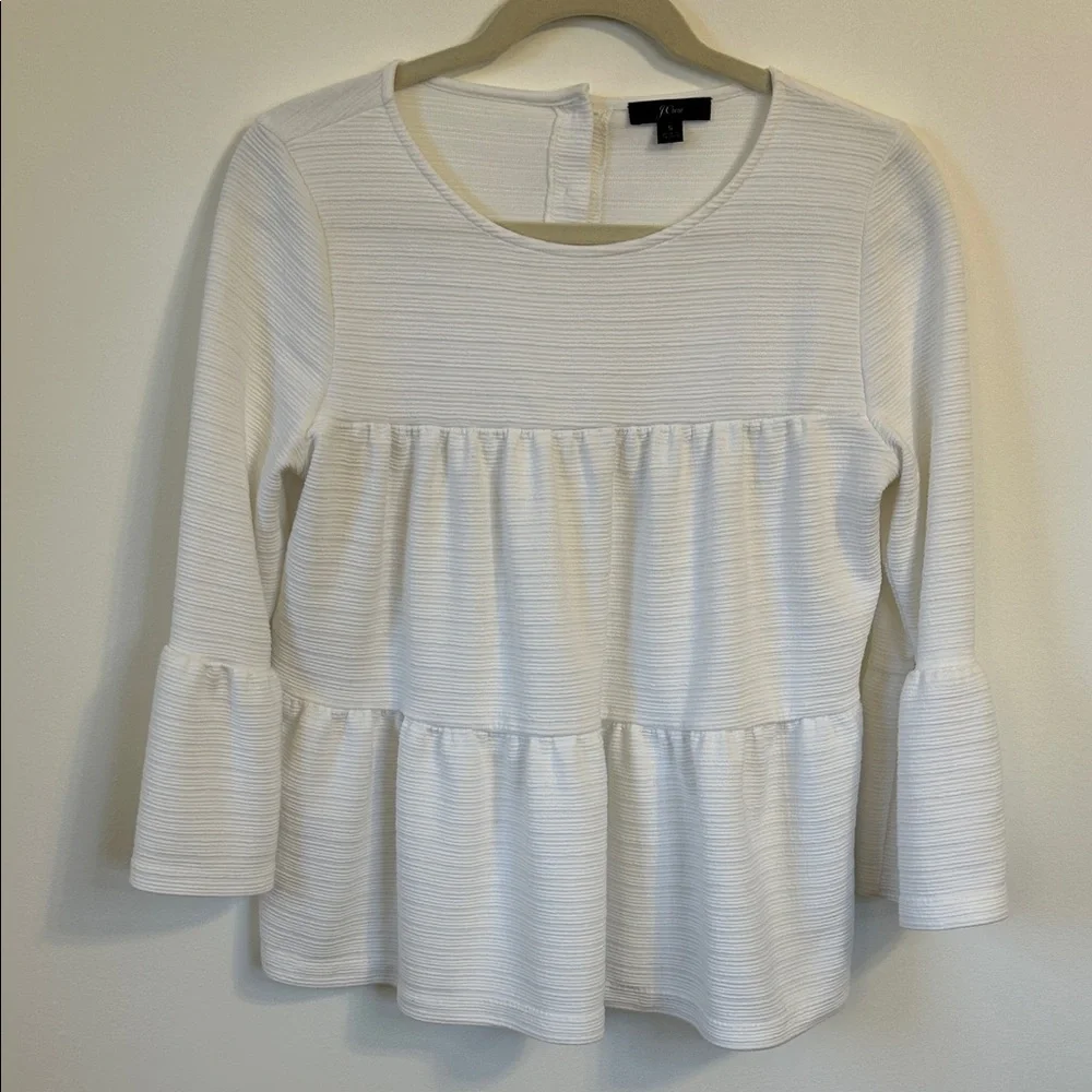 J. Crew White Ribbed Tiered Button Back Top